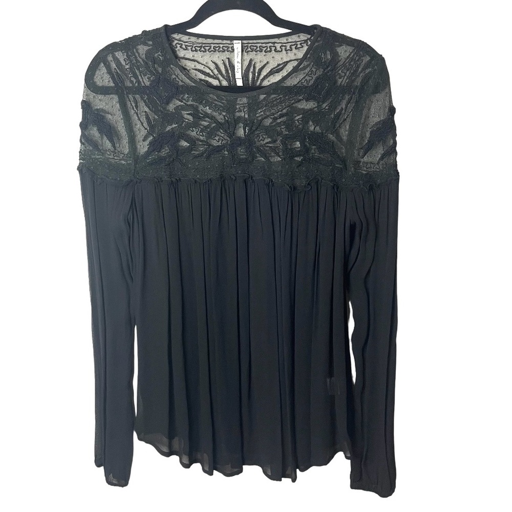 Anthropologie WILLOW & CLAY  Sheer Embroidered Black  Blouse Top SZ S  EUC